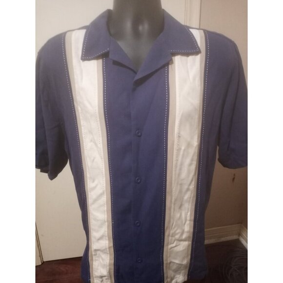 Vintage Silk Circa 1969 Men's XL Button Up Shirt Short Sleeve Blue White Silk - Picture 1 of 10
